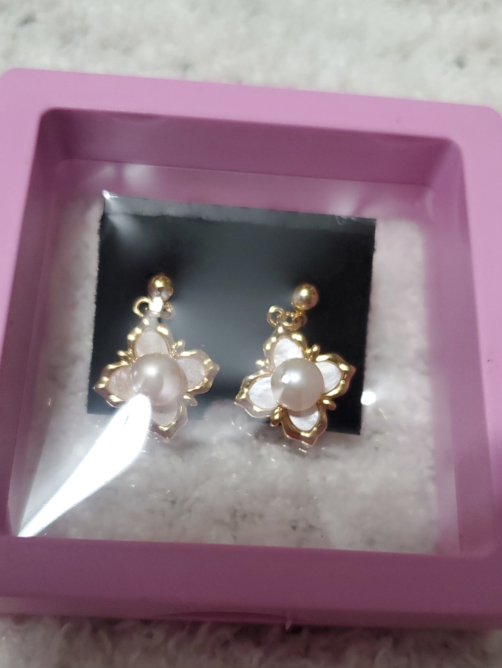 Gold and White Pearl Flower Drop Earrings - Women Jewelry